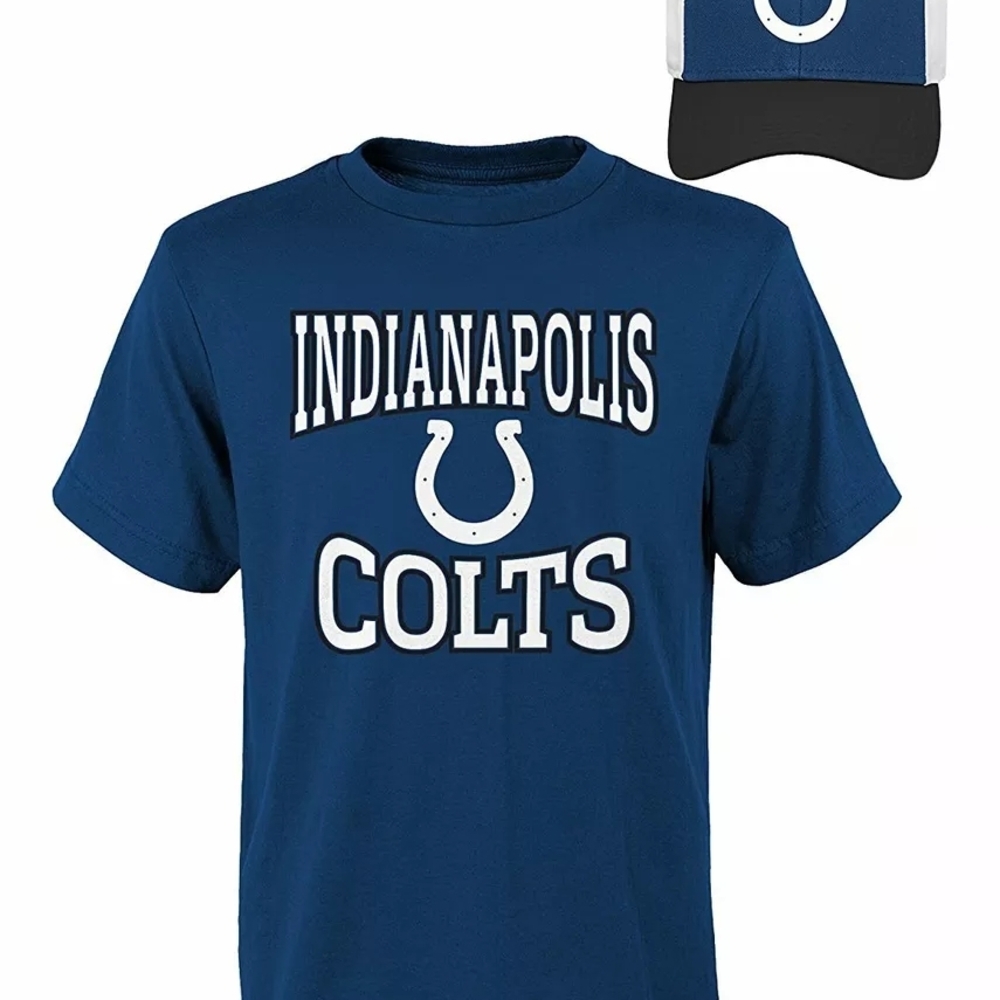 Indianapolis Colts YOUTH Kids MEDIUM, Blue T-Shirt & YOUTH Adjustable Cap COMBO